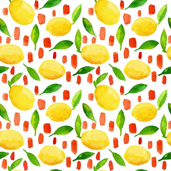 Akvarell illustration. Sömlöst mönster med citroner och blad, prickar. — Stockfoto