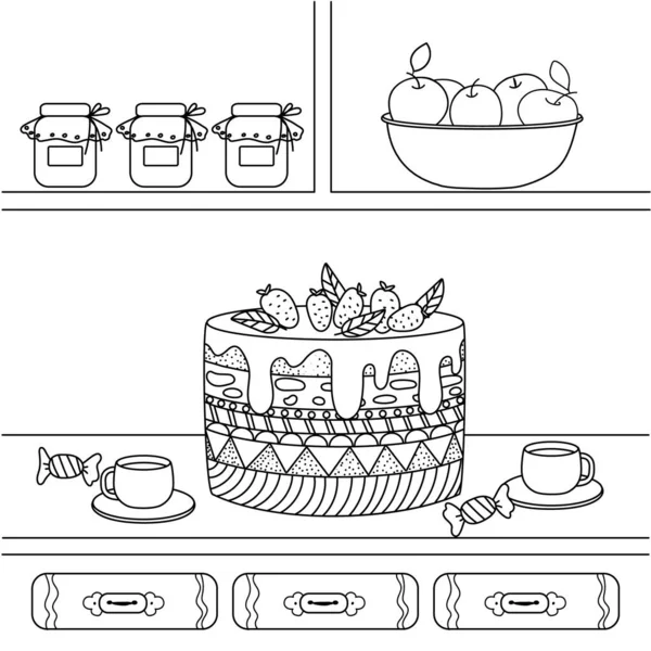 Illustrazione vettoriale con utensili da cucina e cibo, torta, tazze, mele. Libro da colorare per bambini carino con un ornamento, pagina quadrata . — Vettoriale Stock