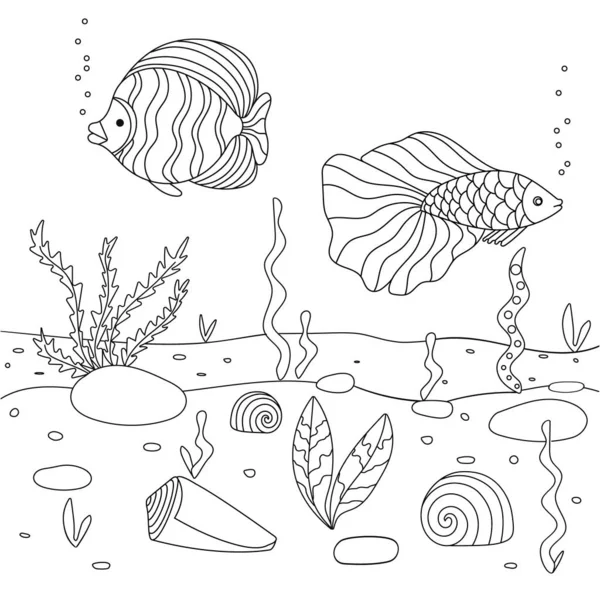 Vektorillustration mit Algen, Muscheln und Fischen, Meeresboden. Niedliches quadratisches Malbuch für Kinder. — Stockvektor