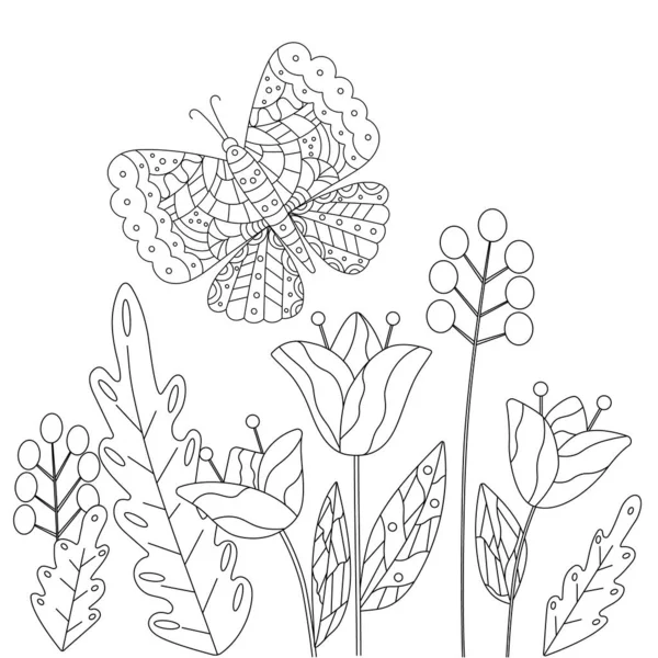 Vektor illustration, barn målarbok med fjäril och blommor, fyrkantig sida. — Stock vektor