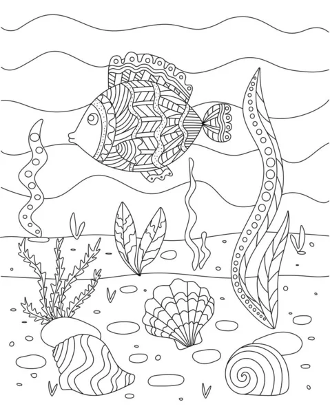 Ilustração vetorial com algas, concha e peixe, fundo do mar. Livro bonito para colorir para crianças. Simples engraçado crianças desenho . — Vetor de Stock