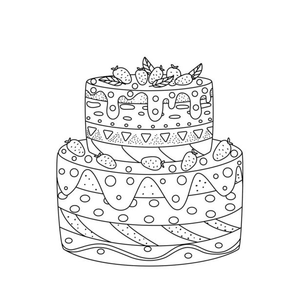 Jednoduchý dort s ozdobou, vrstvami, dekoracemi. Ručně kreslená vektorová ilustrace, černé čáry na bílém, čmáranice. — Stockový vektor