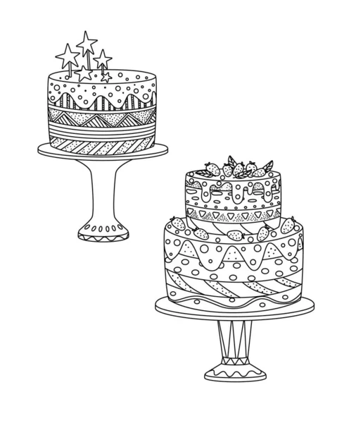 Set with simple cakes with ornaments, layers, decoration. Hand drawn vector illustration, black lines on white, Doodle, sketch. — Stock Vector