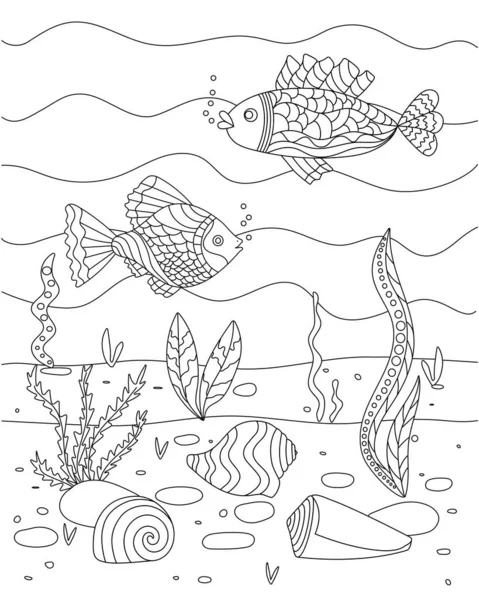 Vektorillustration mit Algen, Muscheln und Fischen, Meeresboden. Niedliches Malbuch für Kinder. Einfache lustige Kinderzeichnung. — Stockvektor