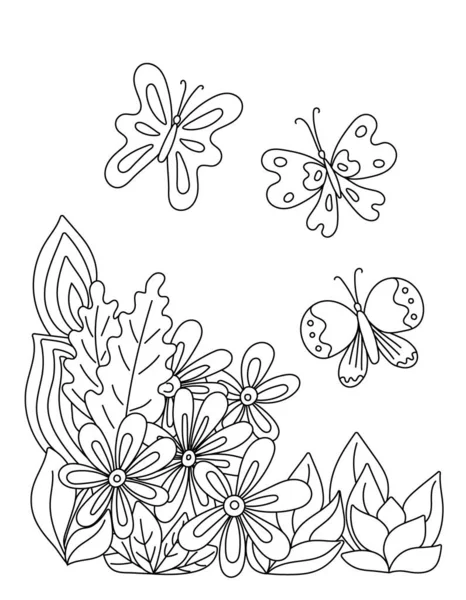 Gyermekkifestőkönyv egyszerű alakú virágokkal és pillangókkal. — Stock Vector