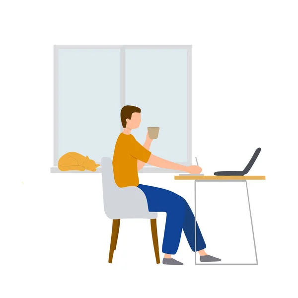 Ilustración vectorial de un joven que trabaja y estudia en casa. Un hombre está sentado en una mesa . — Vector de stock