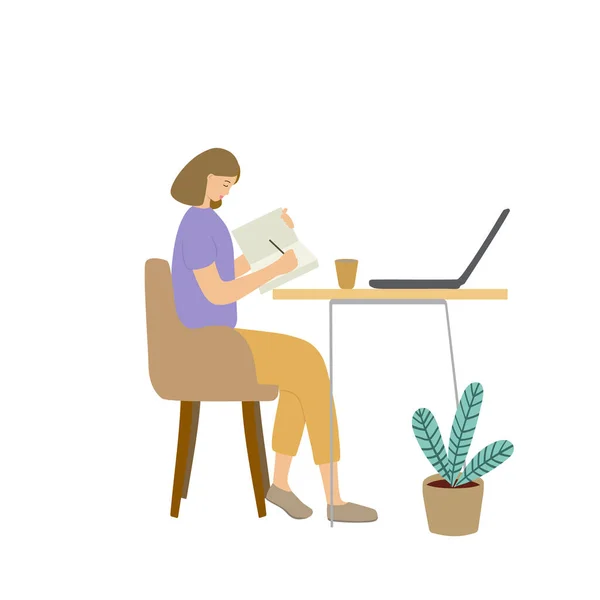 Ilustração vetorial de uma jovem que trabalha e estuda em casa. A menina está sentada à mesa com um caderno na mão . —  Vetores de Stock