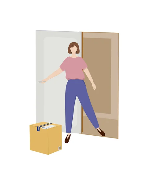 Illustrazione vettoriale della consegna senza contatto, una ragazza, una donna apre la porta, una scatola sul pavimento . — Vettoriale Stock