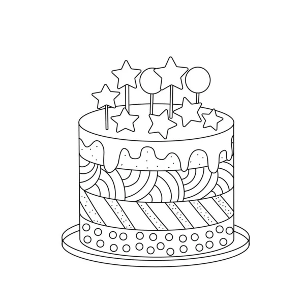 Un gâteau simple avec un ornement, couches, décoration. Illustration vectorielle dessinée à la main, lignes noires sur blanc, Caniche, croquis . — Image vectorielle