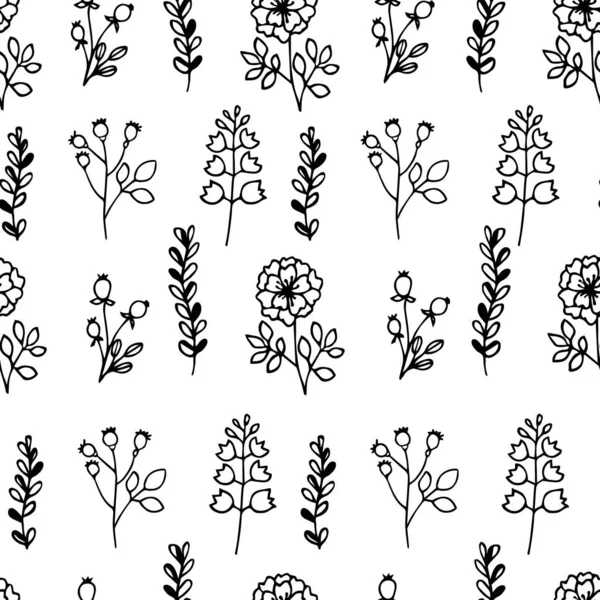 Hand drawn vector illustration. Seamless pattern with silhouettes of simple grass, wild flowers and twigs. — Stock Vector