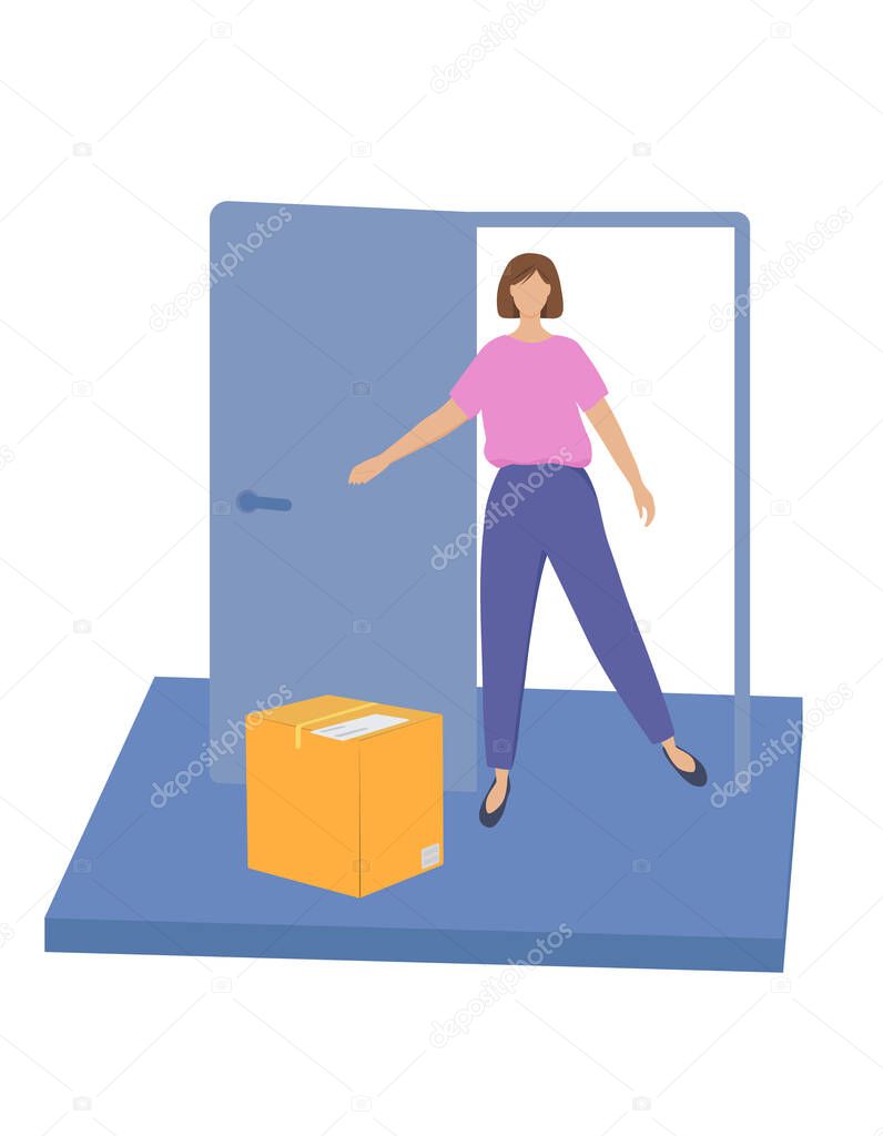 Concept of contactless delivery to a person. The woman opens the door, there is a box.