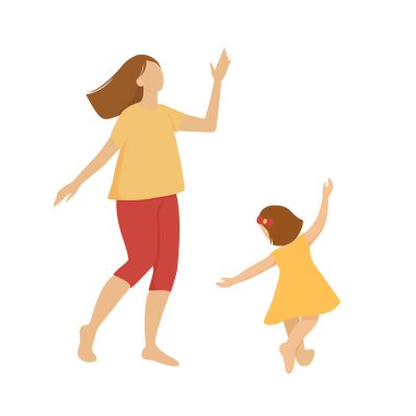 Anne ve kızı dans ediyor. Genç bir kadın ve küçük bir kız eğleniyorlar. Ebeveynler ve çocuklar birlikte vakit geçirirler.. 