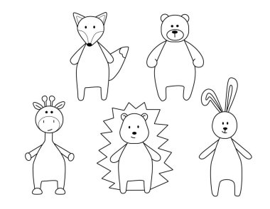 Bir dizi basit çizgi film hayvanı, tavşan, tilki, zürafa, ayı, kirpi. İlkel taslak, komik bir oyuncak, bir fantezi.. 