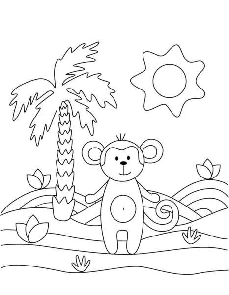 Lindo libro para colorear con un mono divertido, palmera, sol. Para los niños más pequeños. Bosquejo negro, formas simples, siluetas, contornos, líneas . — Vector de stock