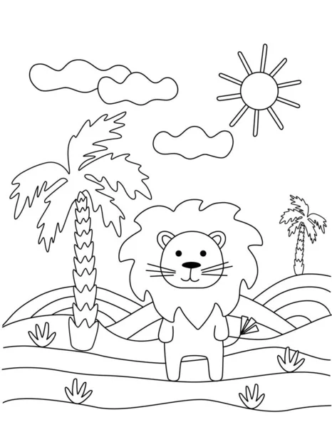 Livro bonito para colorir com um leão engraçado, palmeira, sol. Para as crianças mais novas. Esboço preto, formas simples, silhuetas, contornos, linhas . — Vetor de Stock