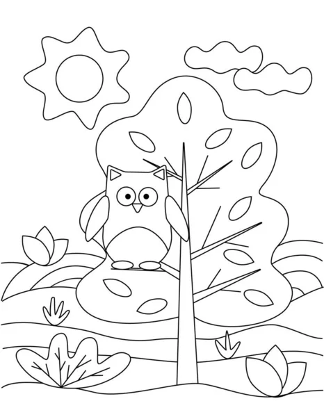 Nettes Malbuch mit einer lustigen Eule auf einem Baum, der Sonne. Für die Kleinsten. Schwarze Skizze, einfache Formen, Silhouetten, Konturen, Linien. — Stockvektor