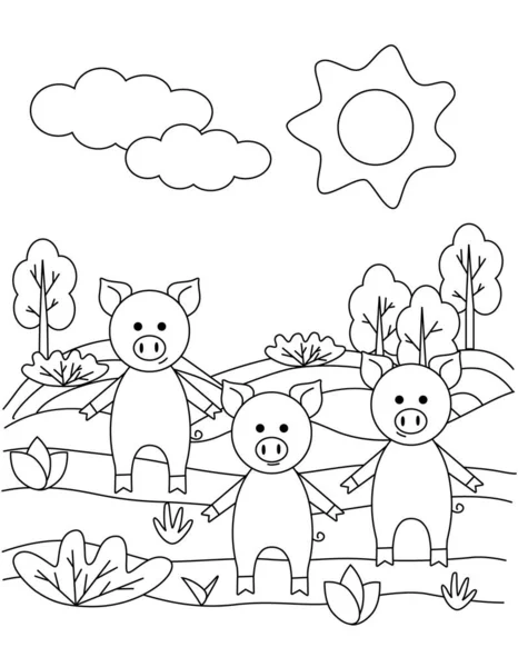 Livro bonito para colorir com três leitões engraçados, sol, grama, árvores. Para as crianças mais novas. Esboço preto, formas simples, silhuetas, contornos, linhas . —  Vetores de Stock