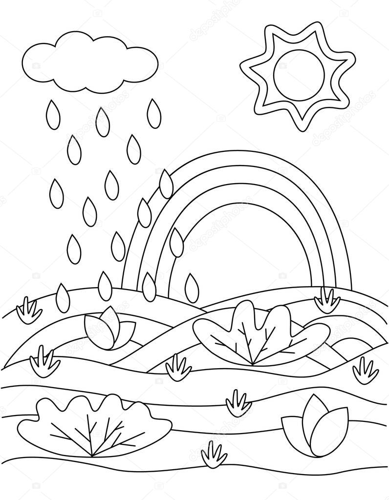 Cute childrens coloring book with cloud, rain, sun, grass. For small children, the simplest forms, basic lines, and silhouettes. 