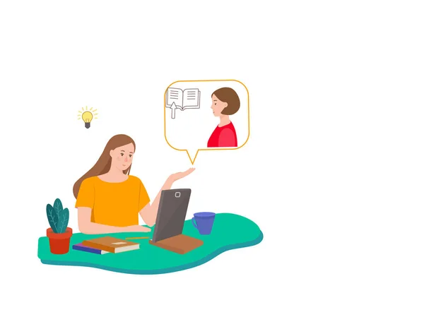 La chica está estudiando en línea en casa. Un estudiante sentado en un escritorio y mirando la pantalla de la tableta. Icono con el profesor . — Vector de stock