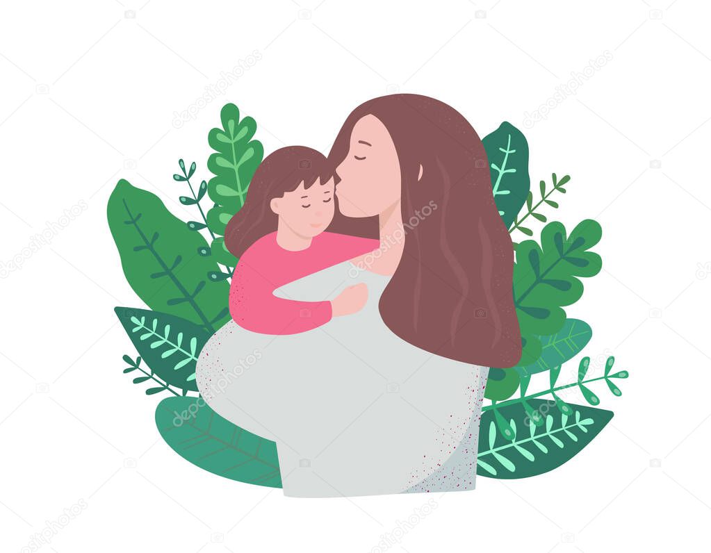 Mother and daughter on a background of leaves. A young woman holds a child in her arms and kisses it. 