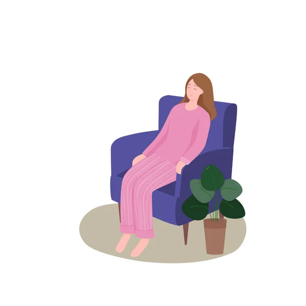 Egy pizsamás lány egy székben pihen. Lapos vektor illusztráció. — Stock Vector