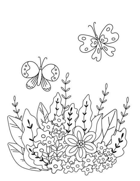 Dětské omalovánky s květinami a motýly jednoduchého tvaru. Roztomilá primitivní kresba pro malé děti. — Stockový vektor