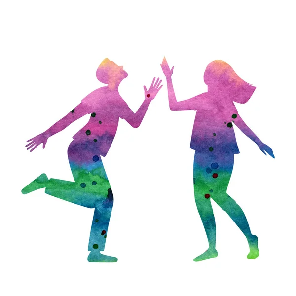 Színes sziluettek táncoló emberek, gradiens rózsaszín, kék, zöld színek. — Stock Fotó