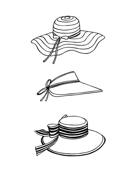 Un conjunto de sombreros de paja de verano. Ilustración dibujada a mano en estilo Doodle . — Vector de stock