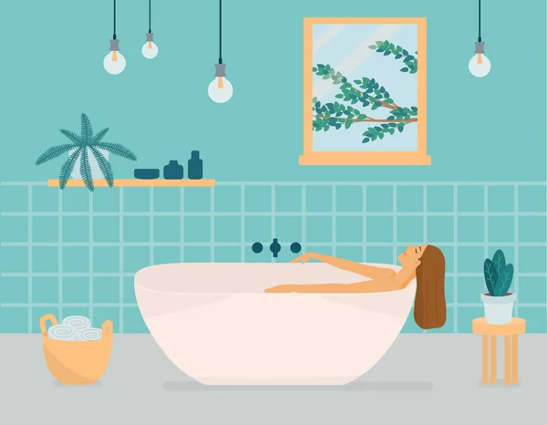 The girl is lying in the bath, the interior of the bathroom with a window, flowers. Simple flat vector illustration. — Stock Vector