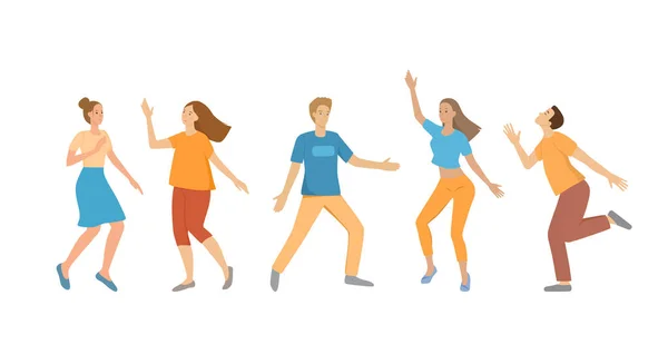 Egy csapat fiatal táncol, férfiak és nők. Vicces pózok, élénk színek, fehér háttérrel elszigetelt karakterek. Lapos rajzfilm vektor illusztráció — Stock Vector