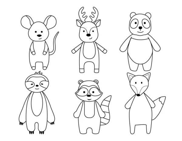 Um conjunto de silhuetas simples de animais de desenhos animados, rato, Raposa, Panda, veado, preguiça e guaxinim. Livro de colorir bonito para crianças pequenas, ilustração vetorial . — Vetor de Stock