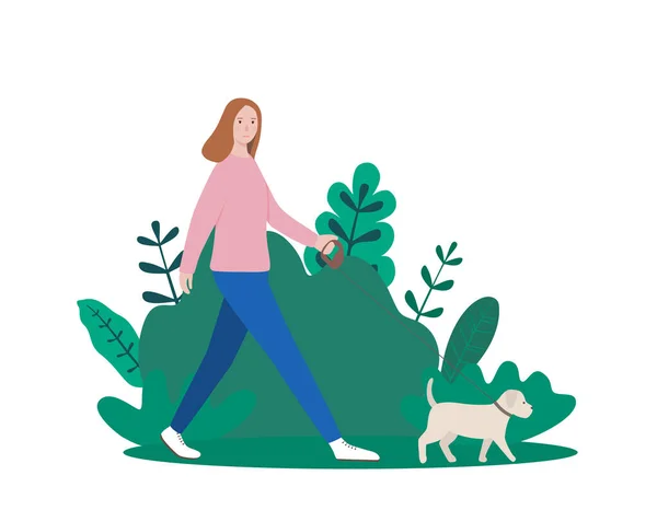 En flicka som går med en hund i koppel. — Stock vektor