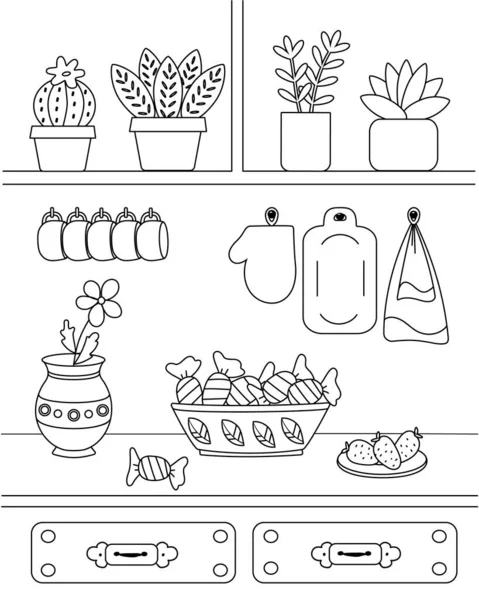 Vector Illustration with Kitchen Utensils and Food, Cake, Cups, Apples.  Cute Children`s Coloring Book with an Ornament Stock Vector - Illustration  of design, elements: 177901172