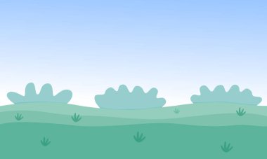 Yaz tarlalarının, çimenlerin, gökyüzünün vektör illüstrasyonu. 
