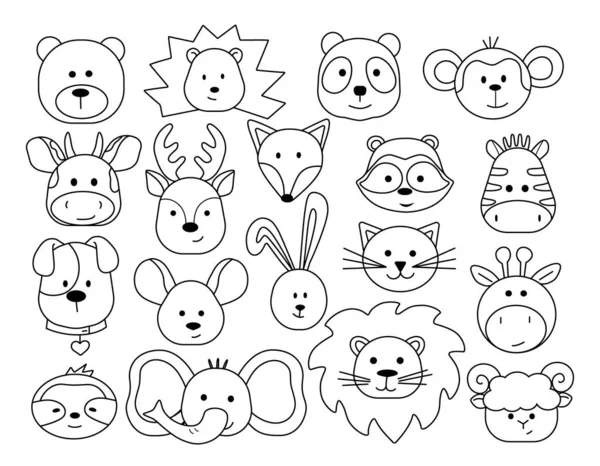 Un conjunto de cabezas de animales en un estilo infantil de dibujos animados — Vector de stock