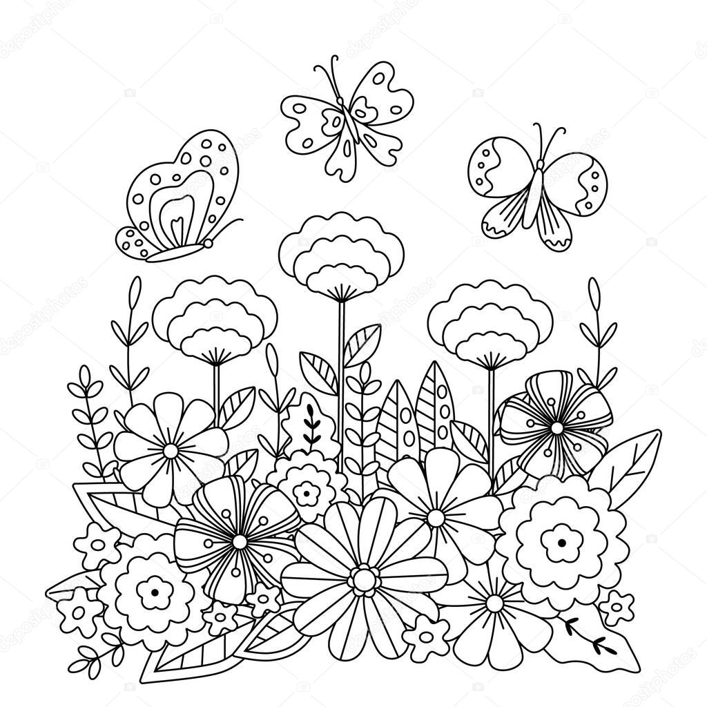 Childrens coloring book with butterfly and flowers