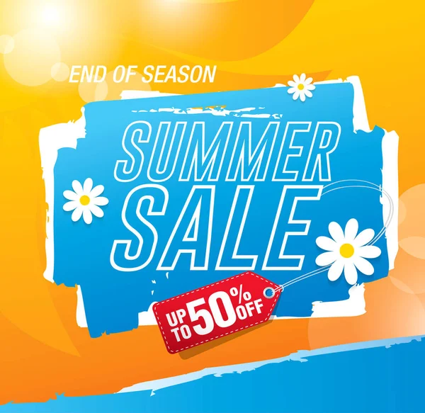 夏季销售海报 附有花卉细节及橙色和蓝色 — 图库矢量图片