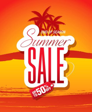 Parlak sarı ve çene renkleri ve tropikal arka planlı yaz indirimi posteri.