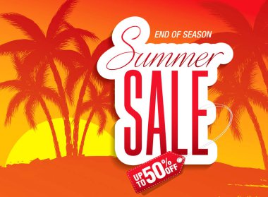 Parlak sarı ve çene renkleri ve tropikal arka planlı yaz indirimi posteri.