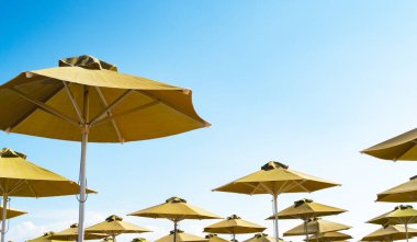 Mavi gökyüzünde kumsal şemsiyeleri