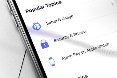 iPhone ve Apple Destek Arayüzü uygulaması ekranda. Apple resmi desteği. Moskova, Rusya - 23 Temmuz 2019