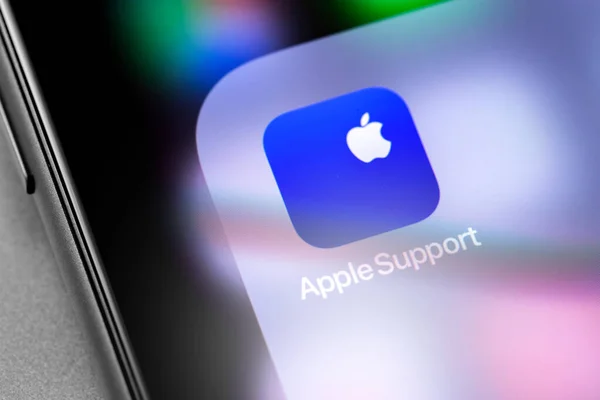 Iphone Com Ícone Aplicativo Suporte Apple Fechamento Tela Suporte Oficial — Fotografia de Stock