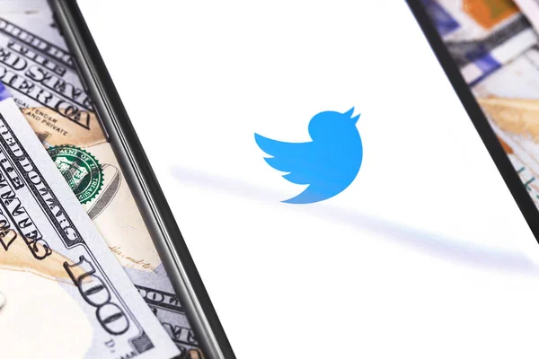 ホワイトスクリーンスマートフォンやお金でTwitterのロゴ Twitterは マイクロブログやネットワーク通信のためのソーシャルメディアオンラインサービスです モスクワ ロシア 2019年3月1日 — ストック写真