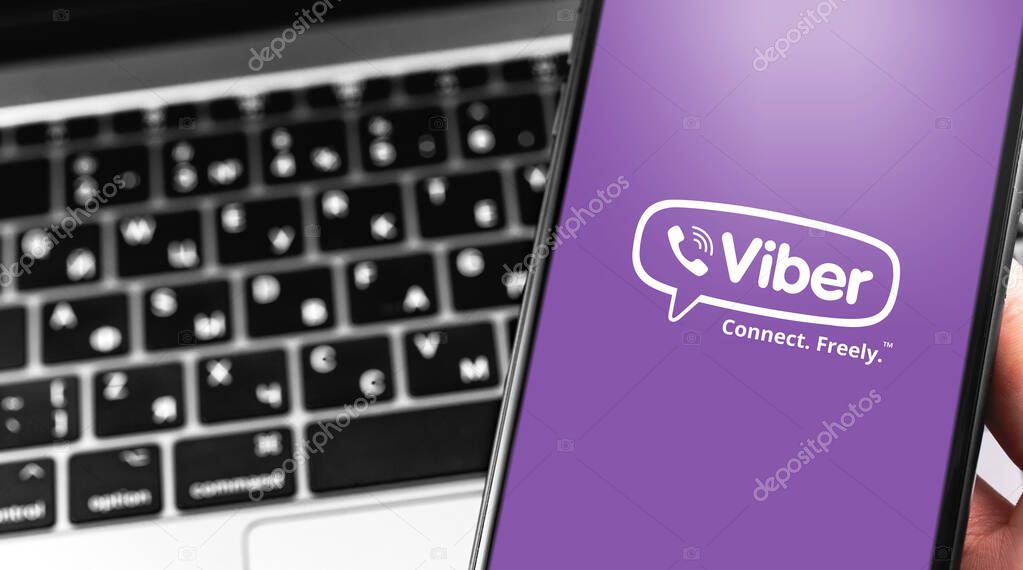 Viber logo on the screen smartphone closeup. Viber is a messenger application that allows you to send messages. Moscow, Russia - March 23, 2019