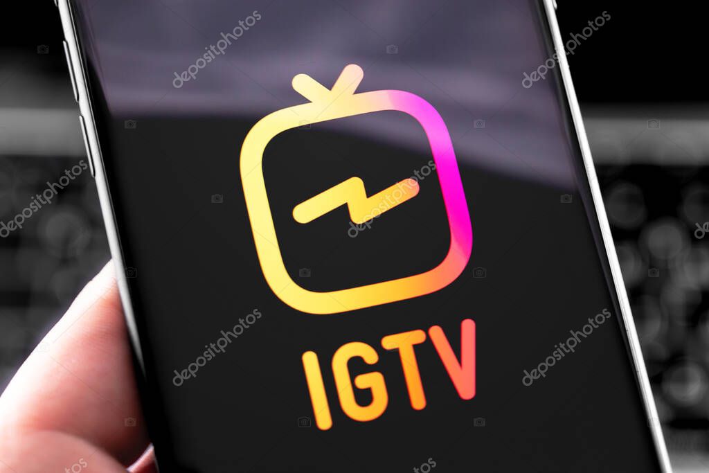 IGTV logo on the display smartphone. IGTV is a separate video application from Instagram for smartphones on Android and iOS. Moscow, Russia - December 12, 2019