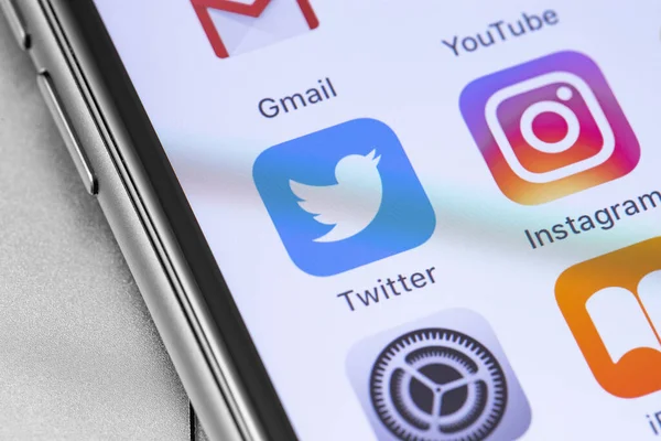 Twitter Ikona Popularne Aplikacje Mobilne Ekranie Smartfona Zbliżenie Twitter Jest — Zdjęcie stockowe