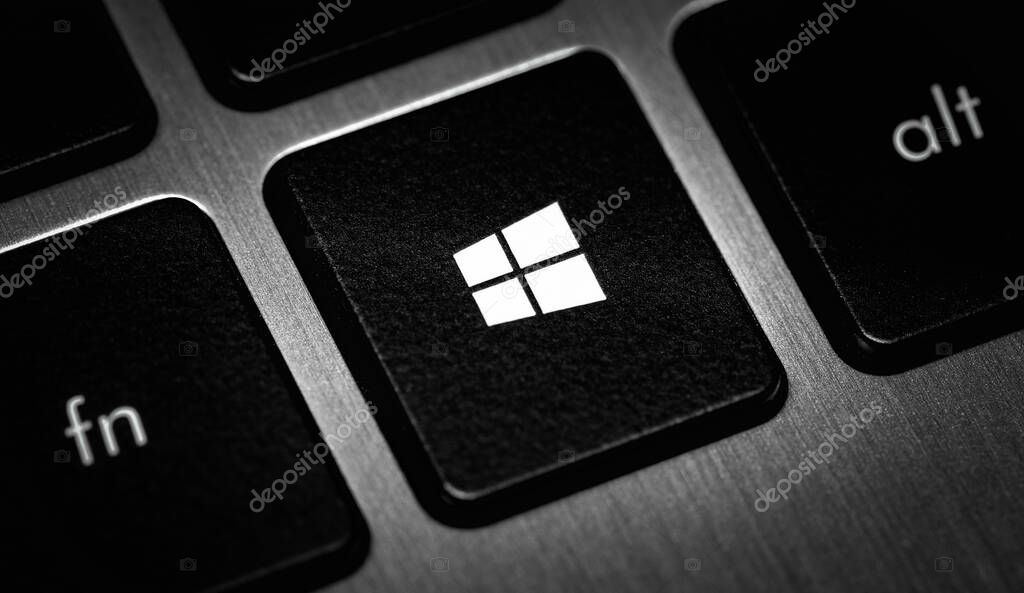 Windows icon, symbol on the button, keyboard laptop closeup. Windows is a operating systems developed, marketed, and sold by Microsoft. Moscow, Russia - November 15, 2019