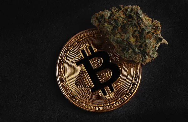 Medizinisches Marihuana, Cannabis-Knospe mit Bitcoin auf schwarzem Hintergrund — Stockbild Medizinisches Marihuana Cannabis Knospe Mit Bitcoin Auf Schwarzem Hintergrund — Stockfoto