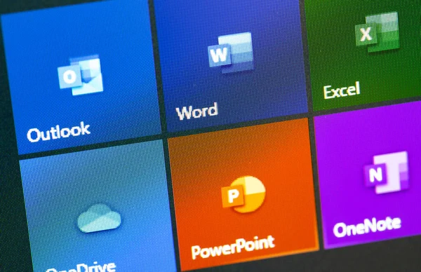 Microsoft Office Icone App Sul Display Notebook Primo Piano Microsoft — Foto Stock