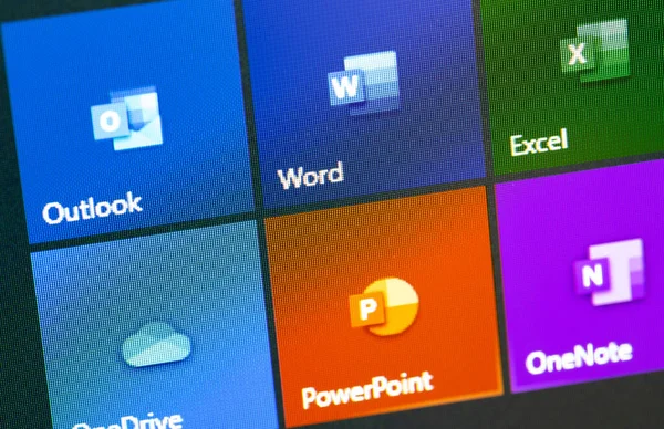 Aplikace Ikon Sady Microsoft Office Detailním Záběru Obrazovky Microsoft Office — Stock fotografie